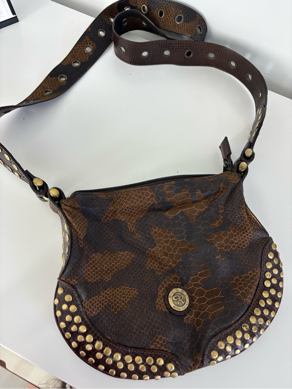 Brown Patterned Studded Crossbody Bag